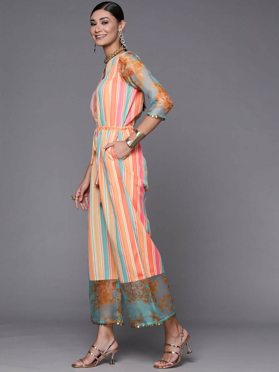 Ahalyaa Coral Orange & Blue Candy Striped Basic Jumpsuit