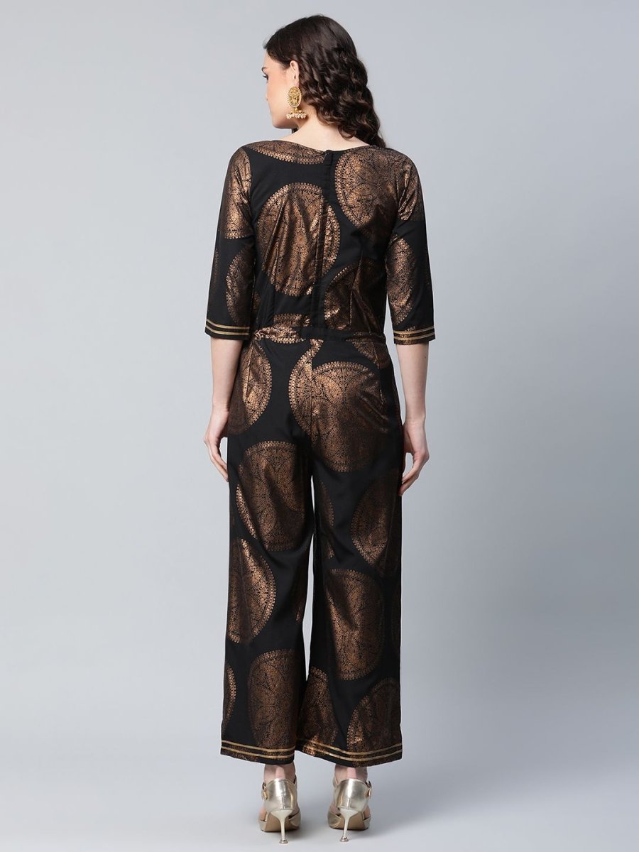 Ahalyaa Black Crepe Copper Foil Printed Jumpsuit