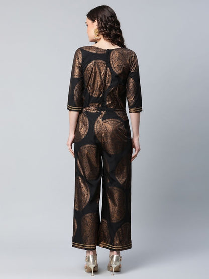 Ahalyaa Black Crepe Copper Foil Printed Jumpsuit