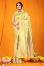 Jyoti Fashion Women's Cream Kanjivaram Silk Zari Woven Saree with Blouse