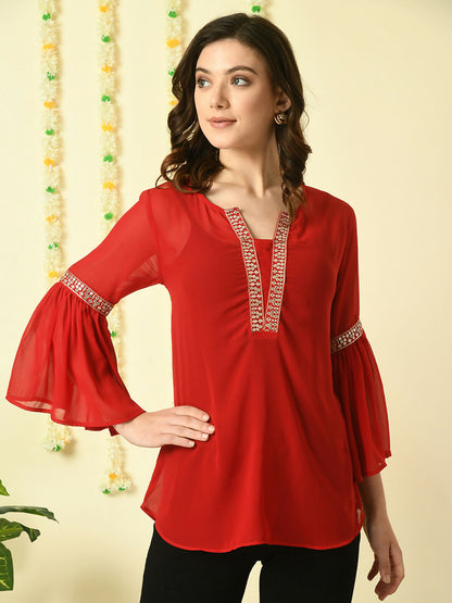 Myshka Women's Red Embroidered Party Fusion Top