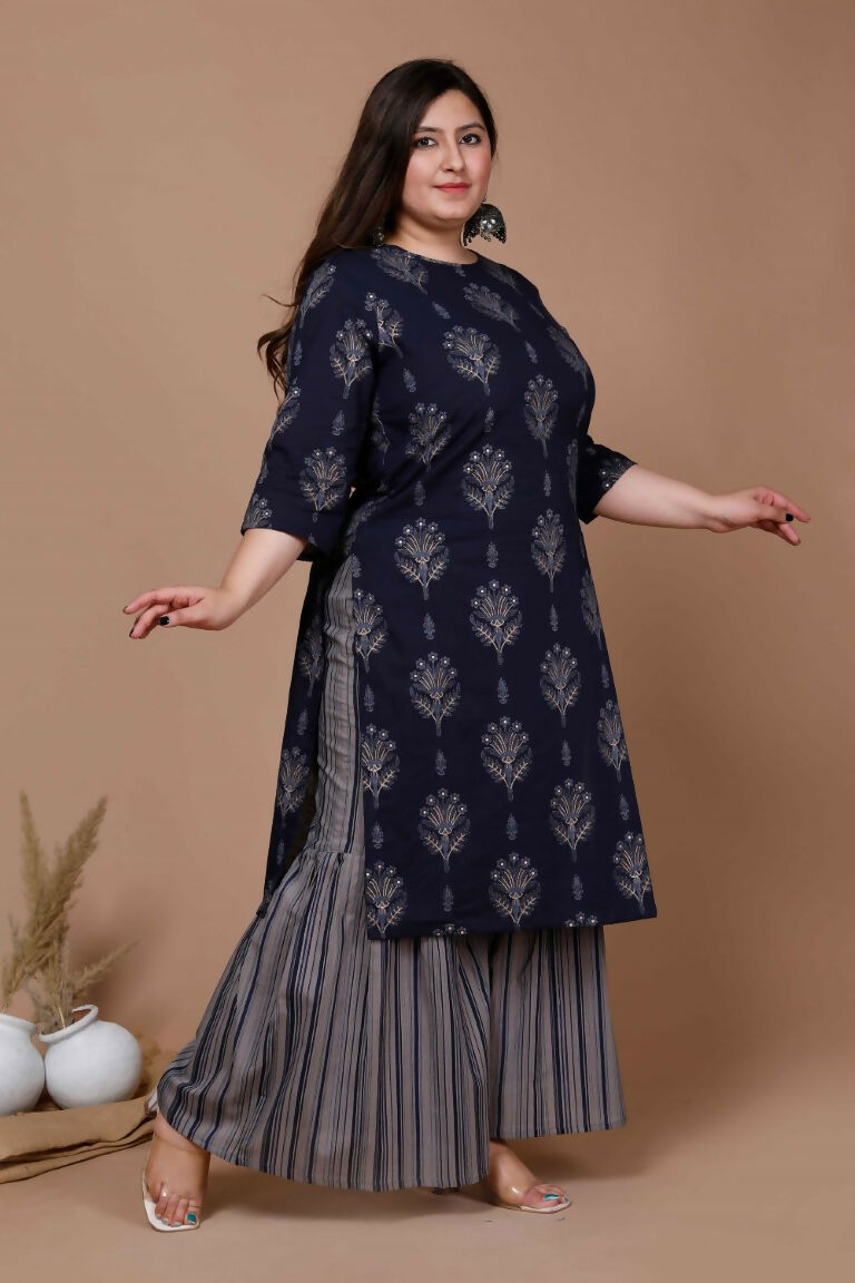 Miravan Women's Plus Size Navy Blue Printed Pure Cotton Kurta With Sharara