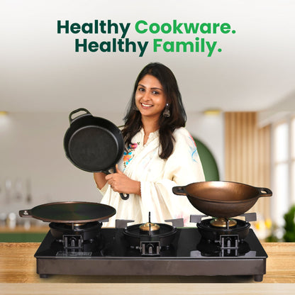 The Indus Valley Super Smooth Cast Iron Tawa, Long Handle,Pre-seasoned, Nonstick, 100% Pure, Toxin-free, Induction,Spatula, 25.4cm, 1.8kg