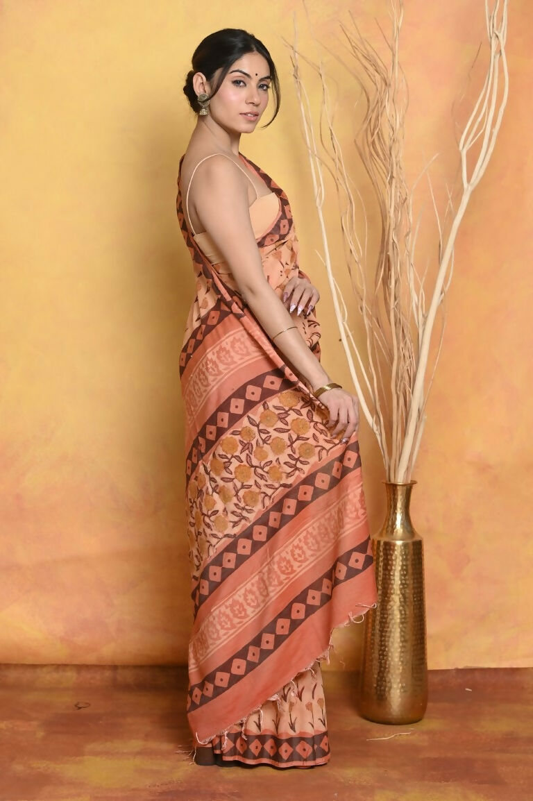 Very Much Indian Designer Modal Silk Saree With With Beautiful Floral Print - Light Orange