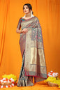 Jyoti Fashion Women's Grey Kanjivaram Silk Zari Woven Saree with Blouse