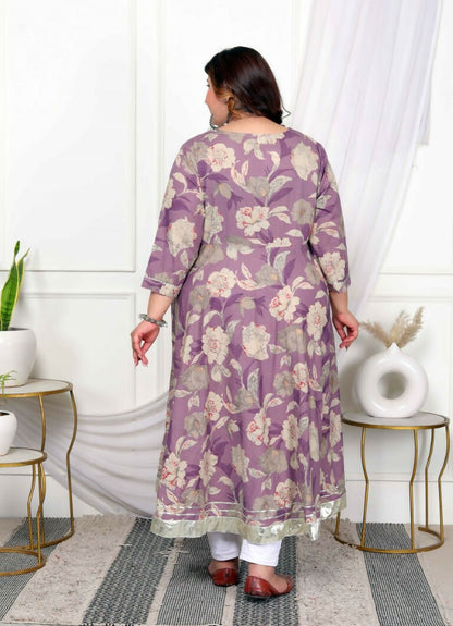 Miravan Women's Plus Size Purple Flower Printed With Beautiful Lace Border Details Anarkali Kurta With Dupatta Set