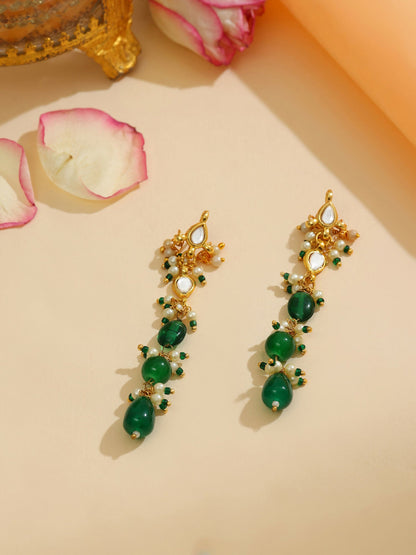 Ruby Raang 22k Gold Polished Long Kundan And Emerald Earrings
