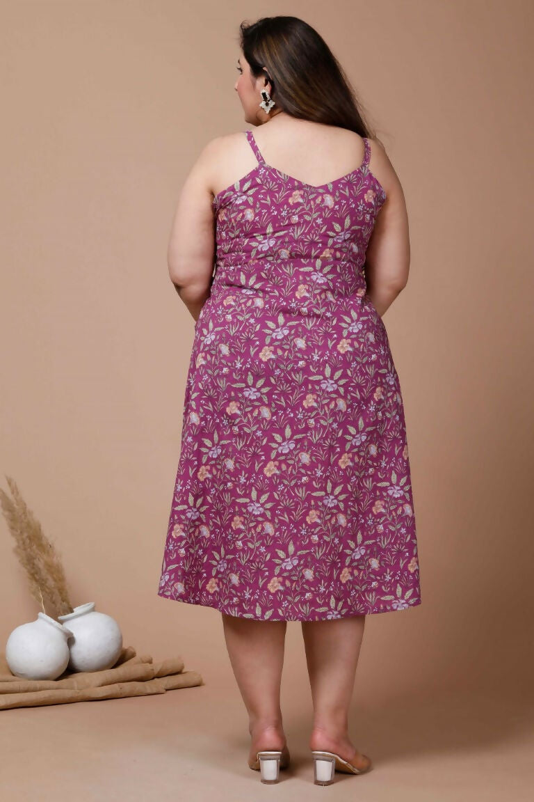 Miravan Women's Plus Size Purple Floral Printed Shoulder Strap Midi Dress