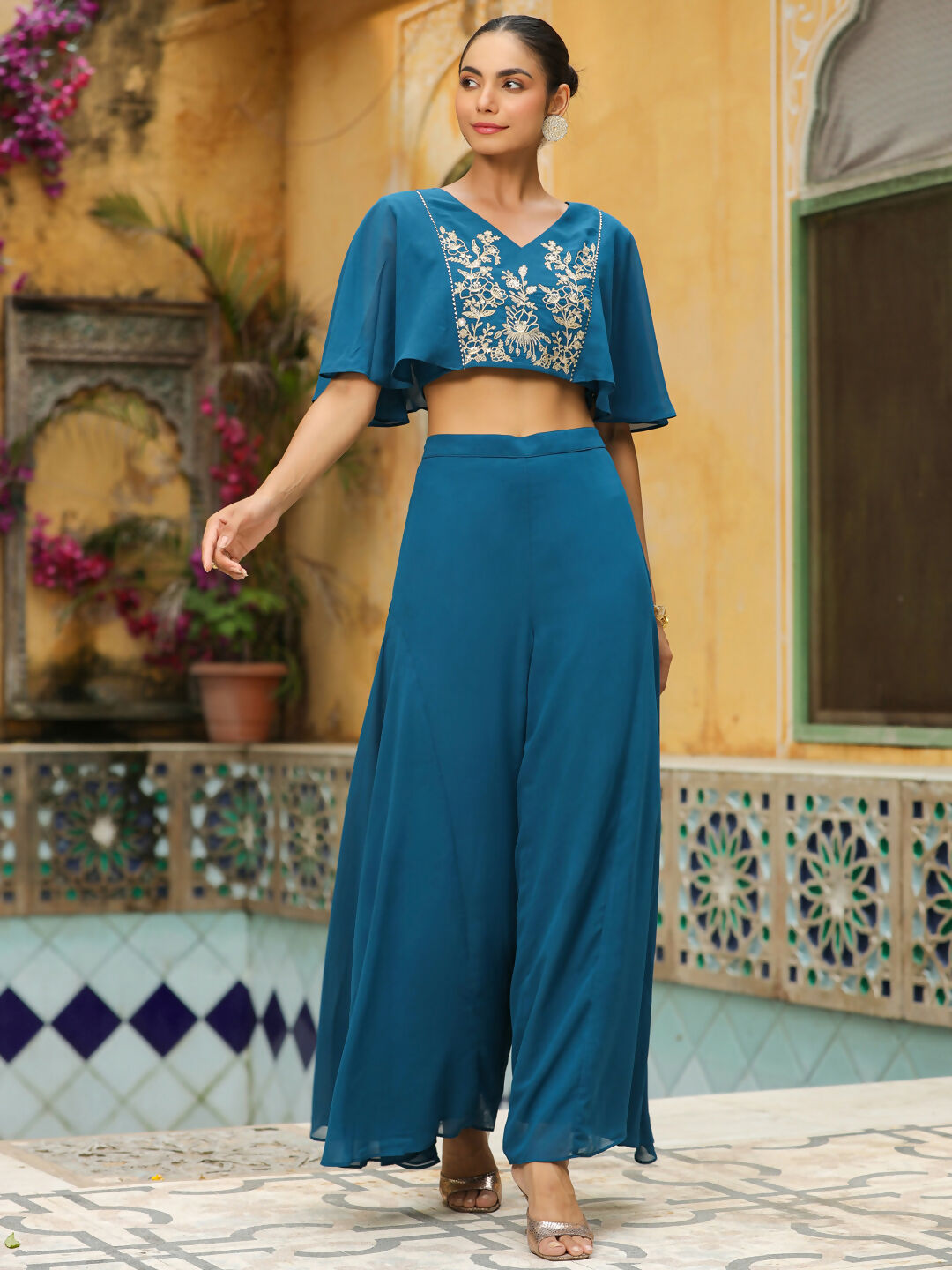 Janasya Teal Blue Georgette Yoke Embroidery Co-Ords