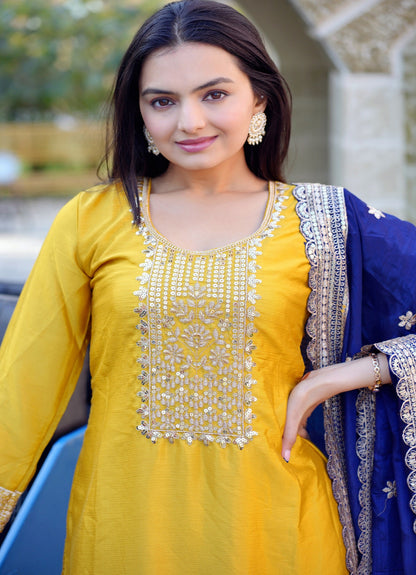 Lehenga Mart Designer Chinon Suit With Sequence Embroidered Work - Yellow