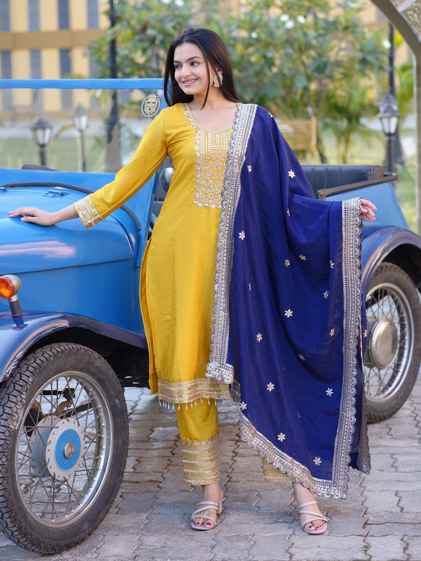 Lehenga Mart Designer Chinon Suit With Sequence Embroidered Work - Yellow