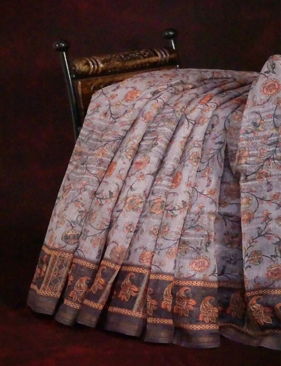 Baby Brown Mix With Pink Floral Design Printed Semi Chanderi Saree By Gayathri Reddy Designer Studio