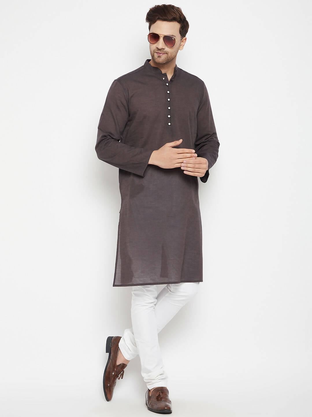 Even Apparels Brown Pure Cotton Long Men's Kurta With Band Collar