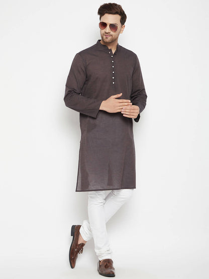 Even Apparels Brown Pure Cotton Long Men's Kurta With Band Collar
