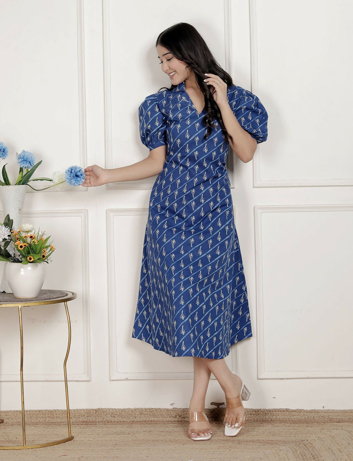 Miravan Womens Floral Print Blue Collar-Neck Puff Sleeves A-Line Maxi Dress