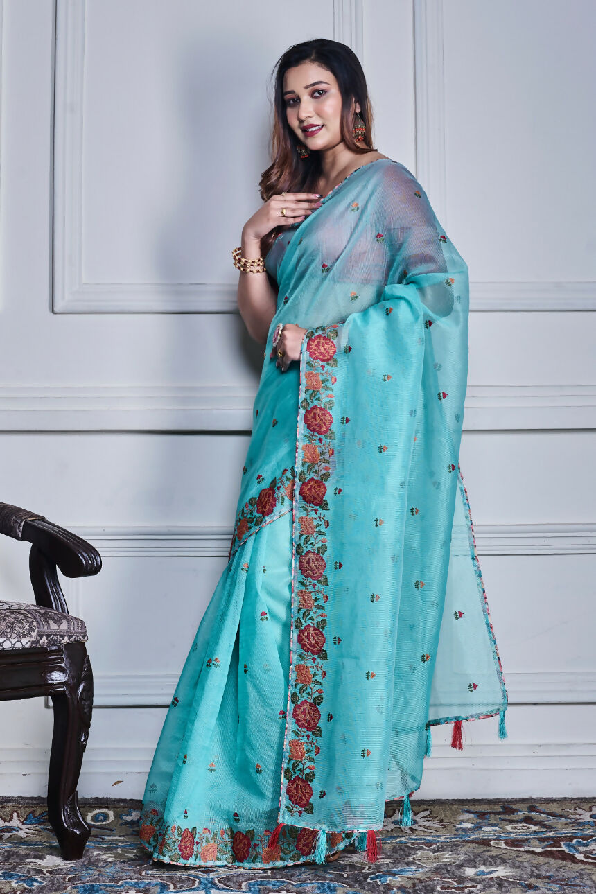 Morchari Green Supernet Cross Stitched Embroidery Saree Unstitched Blouse