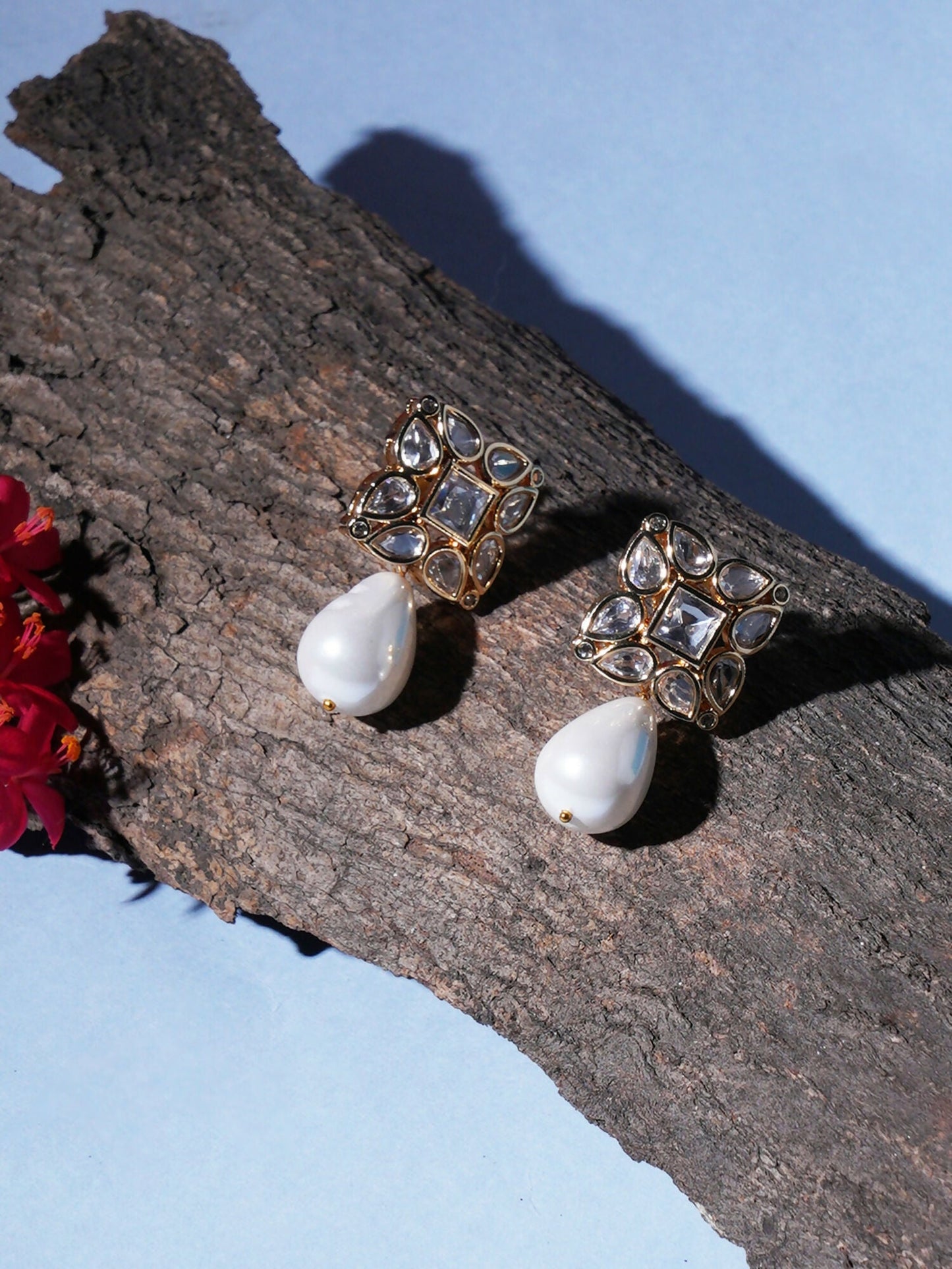 Kundan Studs with Pearl Drop (Gold) - Ruby Raang