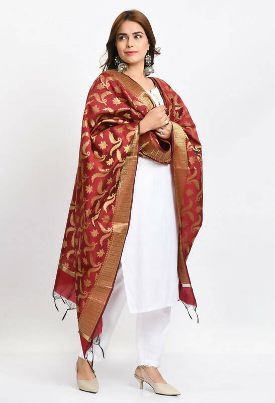 Mominos Fashion Moeza Women's Banarsi Silk Floral Woven Design Maroon Dupatta