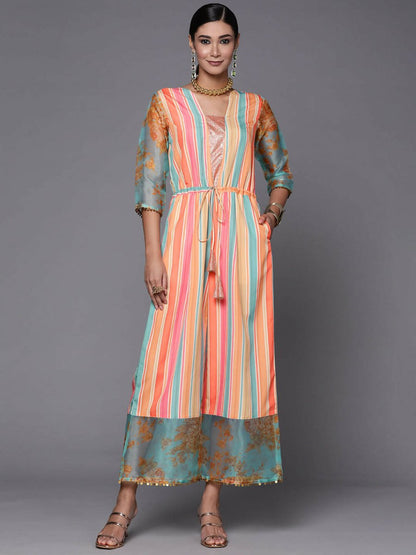Ahalyaa Coral Orange & Blue Candy Striped Basic Jumpsuit