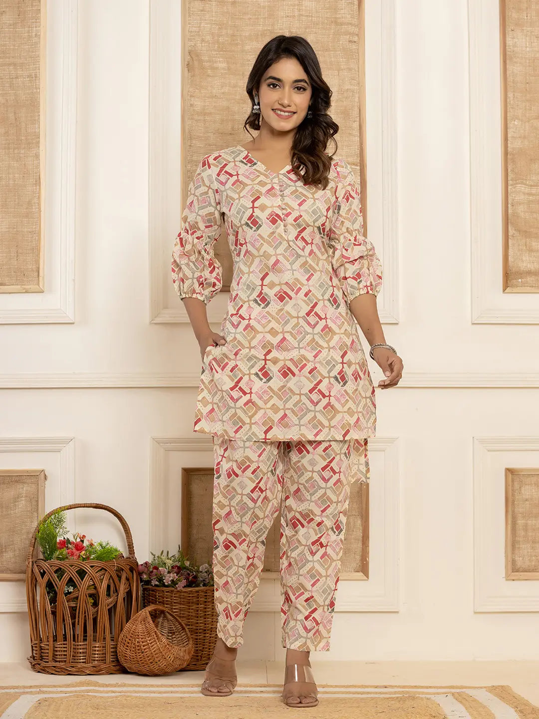 Yufta Cotton Cream Geometric Print Co-Ord Set