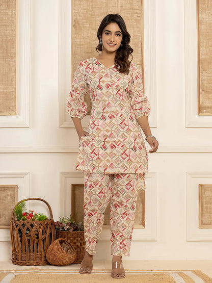 Yufta Cotton Cream Geometric Print Co-Ord Set