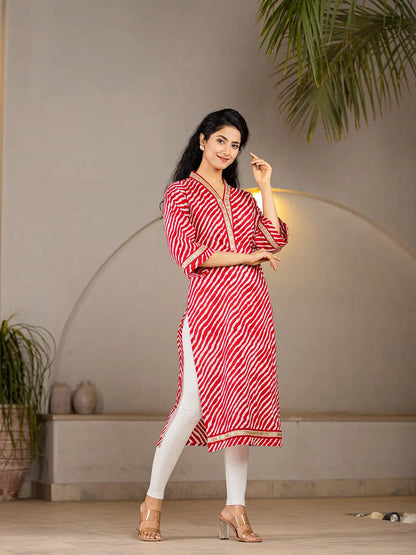 Yufta Cotton Red Leheriya Kurta