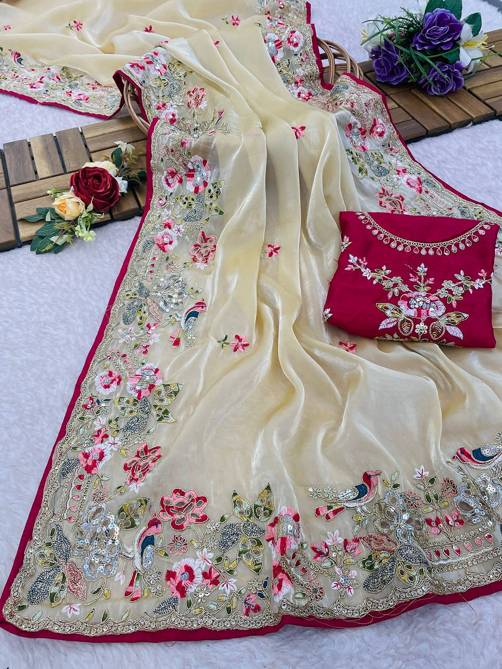 Evanik Pure soft zimmy choo silk embroidery Sequence work Saree with UnStitched Blouse
