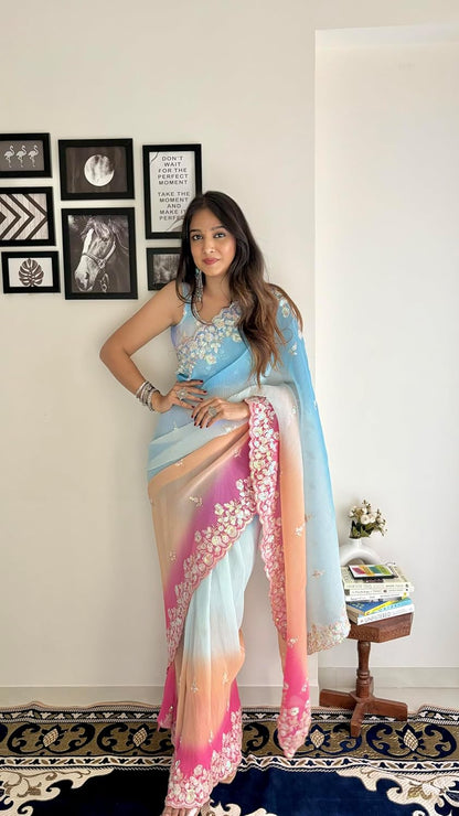 Vamika Embroidery Sky Blue Georgette Bollywood Saree