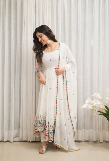 Joban Fashion White Georgette Sequence Embroidery Work Readymade Kurta Set