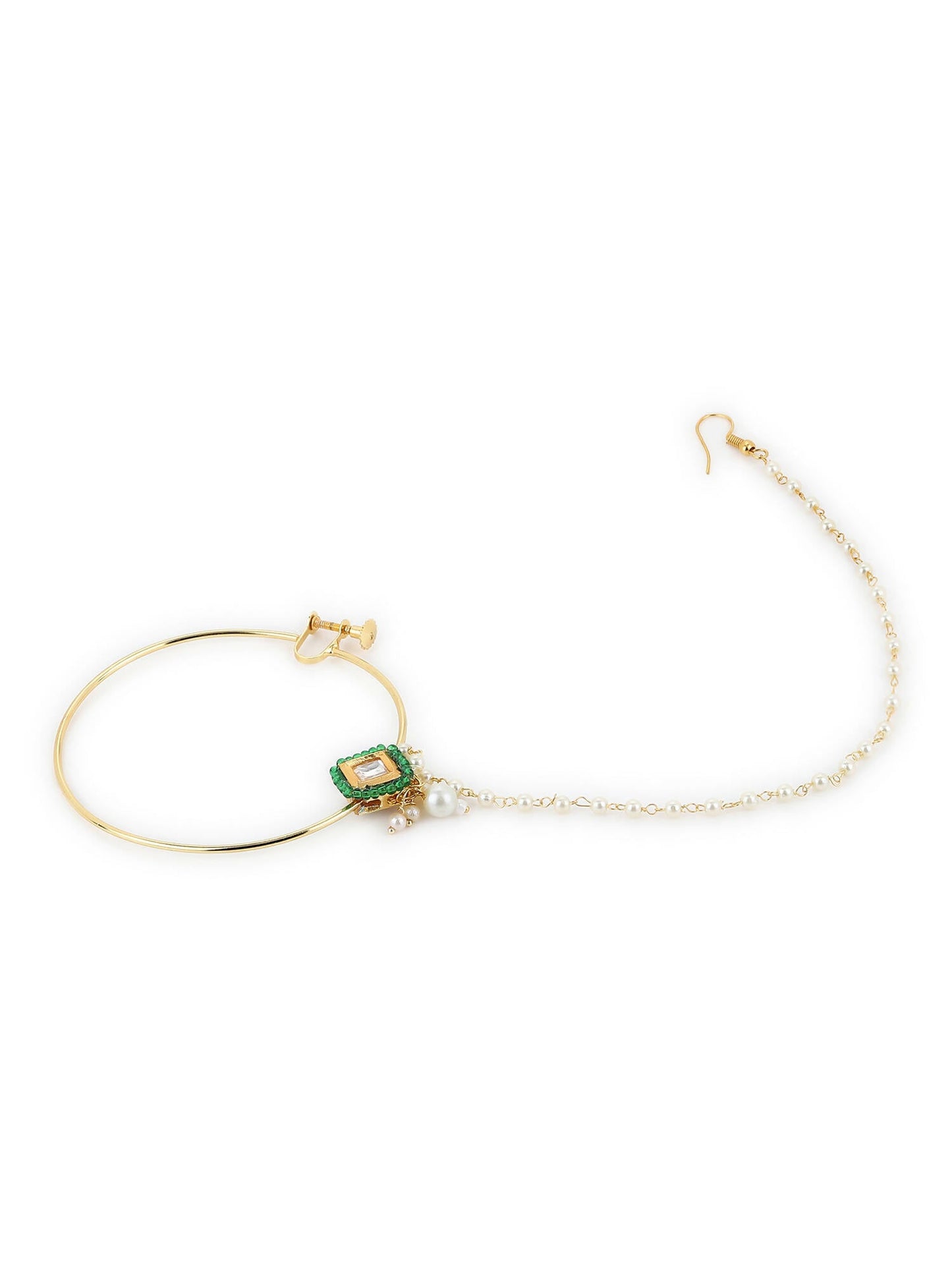 Gold-Polished Green White Kundan Studded Beaded Chained Nosepin - Ruby Raang
