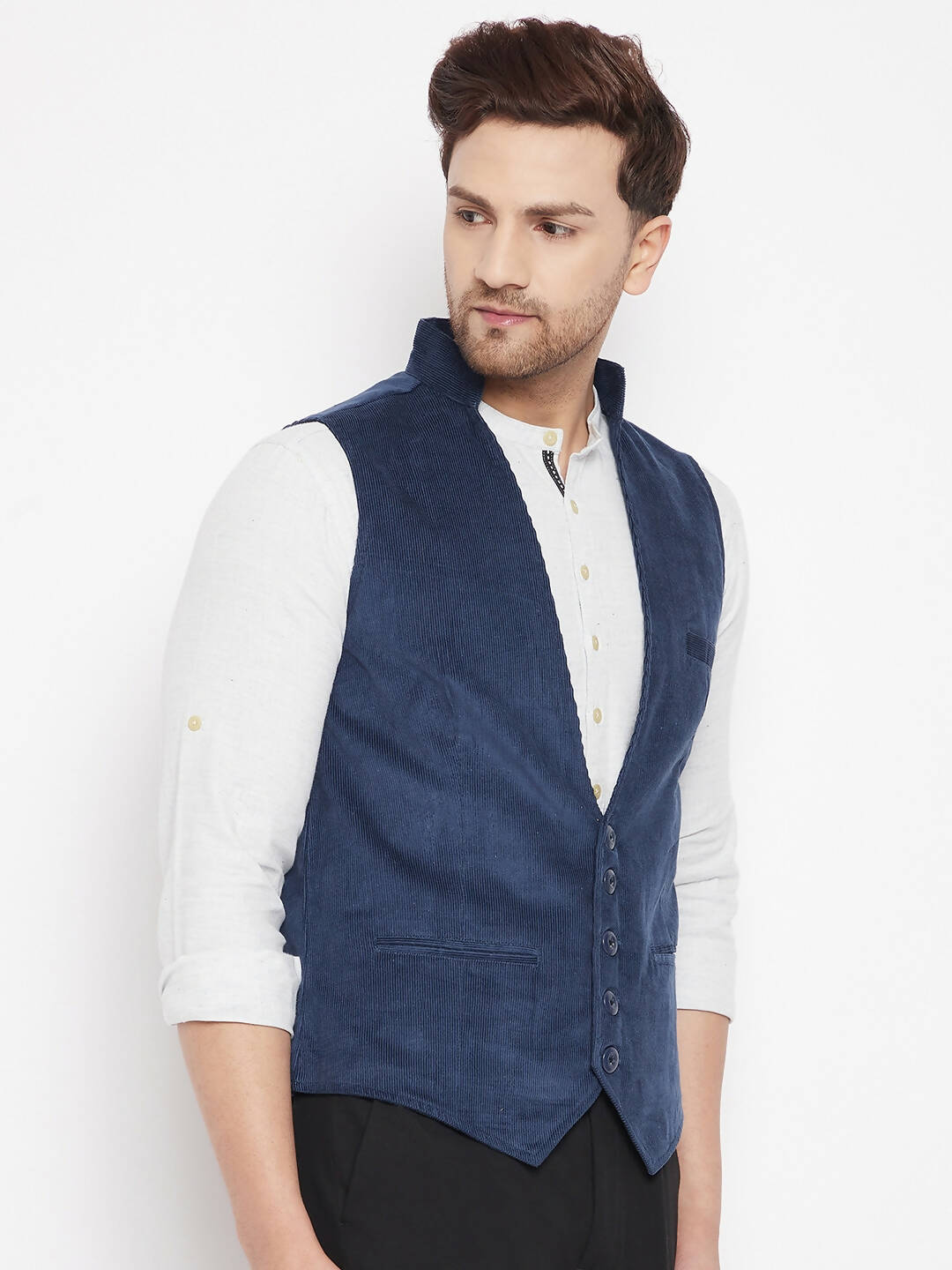 Even Apparels Blue Merino Men Woven Nehru Jacket