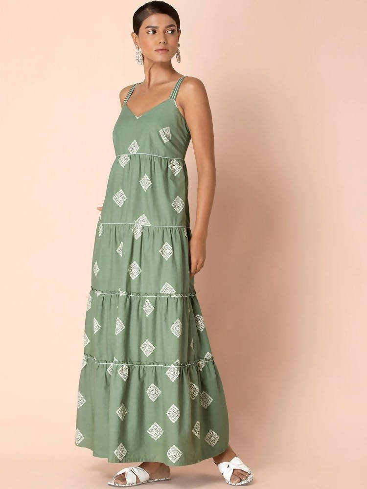Indya Green Tribal Tiered Maxi Dress