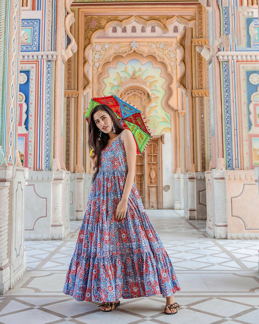 Designer Partywear Printed Blue Pure Maslin Gown - Anbazaar