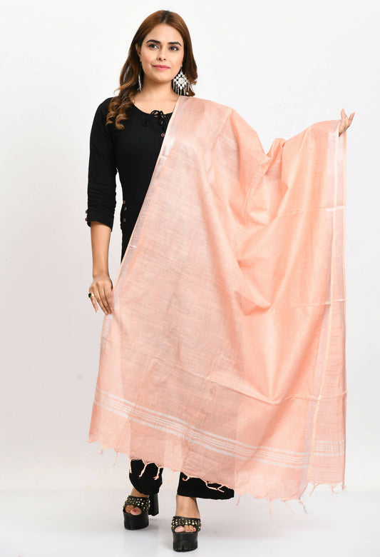Mominos Fashion Moeza Women's Linen Cotton Silver Border Peach Dupatta