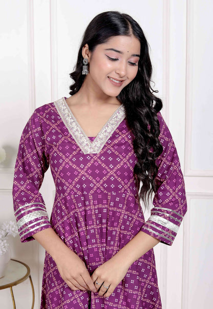 Miravan Women Cotton Magenta Gota lace and Embroidered Anarkali Kurta