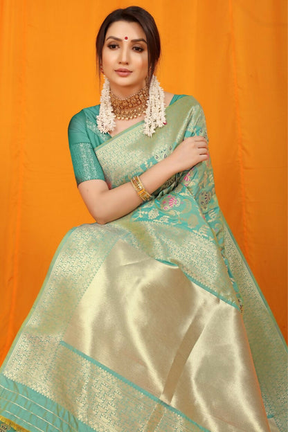 Jyoti Fashion Women's Sea Green Kanjivaram Silk Zari Woven Saree with Blouse
