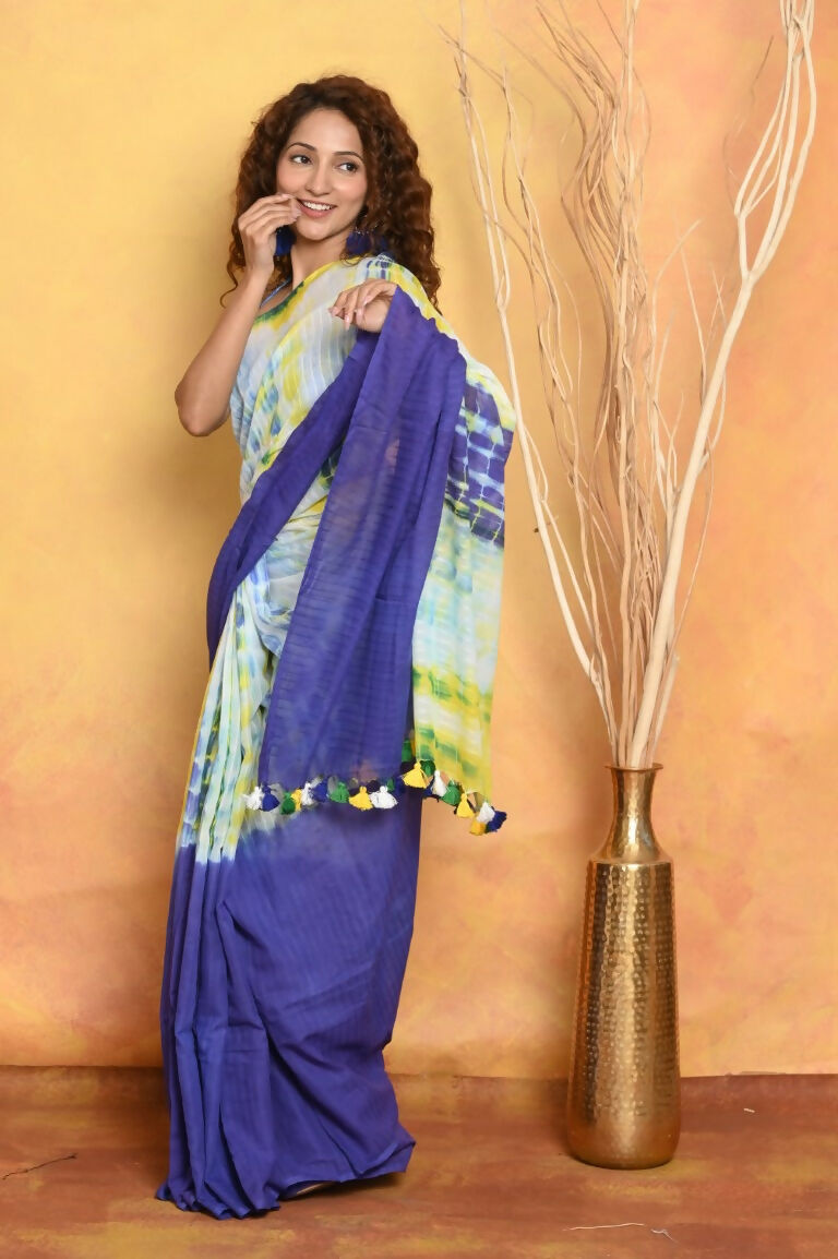 Very Much Indian Tie & Dye Handloom Mul Cotton Saree - Blue Green