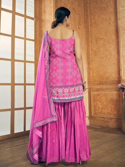 Myra Pink Printed Chinon Silk Designer Suit