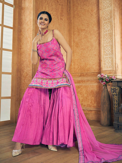 Myra Pink Printed Chinon Silk Designer Suit