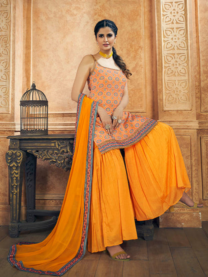 Myra Mustard Printed Chinon Silk Designer Suit