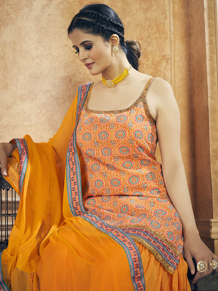 Myra Mustard Printed Chinon Silk Designer Suit
