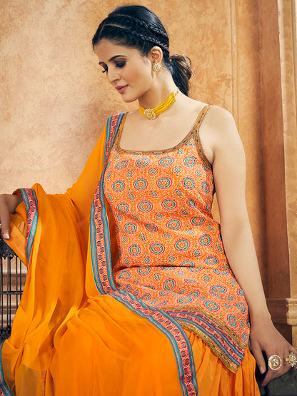 Myra Mustard Printed Chinon Silk Designer Suit