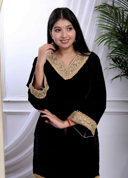 Miravan Women's Black Velvet Dreams Embroidered Co-ord Set