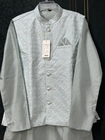 Light grey silk kurta set with jacket