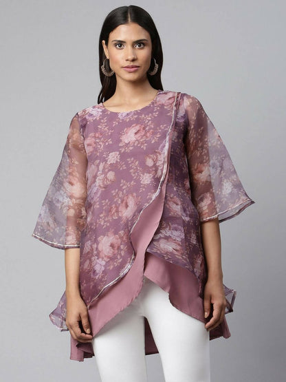 Ahalyaa Women Mauve Organza Digital Printed Tunic