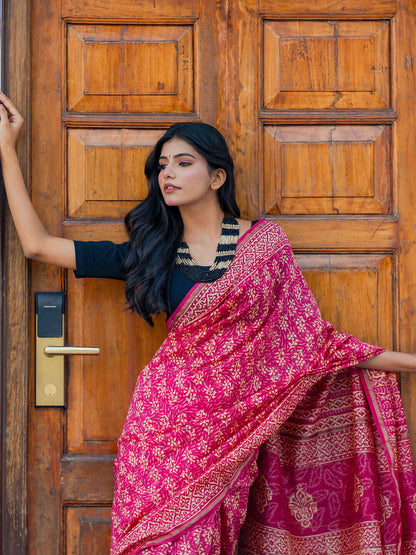 Zibaa Hand-Blocked Pure Chanderi Silk Pink Saree