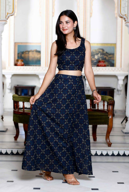 Miravan Women's Blue Abstract Print Crop Top And Side Slit A-Line Skirt Co-Ord Set
