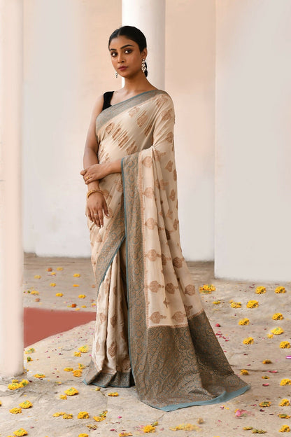 Joban Fashion Ivory Crepe Chiffon Pure Handloom Banarasi Silk Saree