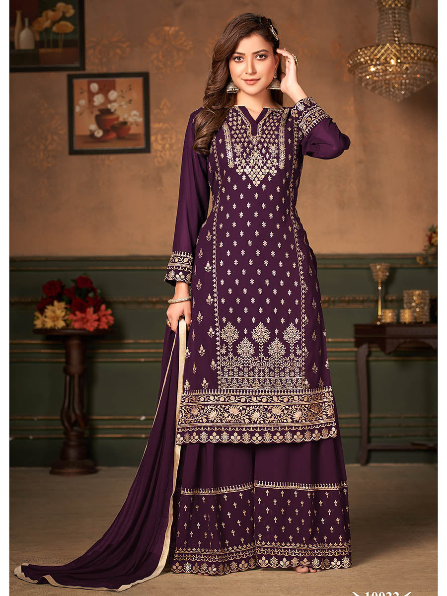 Myra Wine Faux Georgette Embroidered Sharara Suit