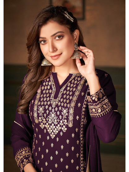 Myra Wine Faux Georgette Embroidered Sharara Suit